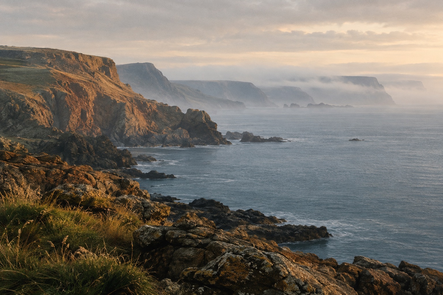 Golden coastal cliffs and foreground rocks form layers into a misty blue horizon.
